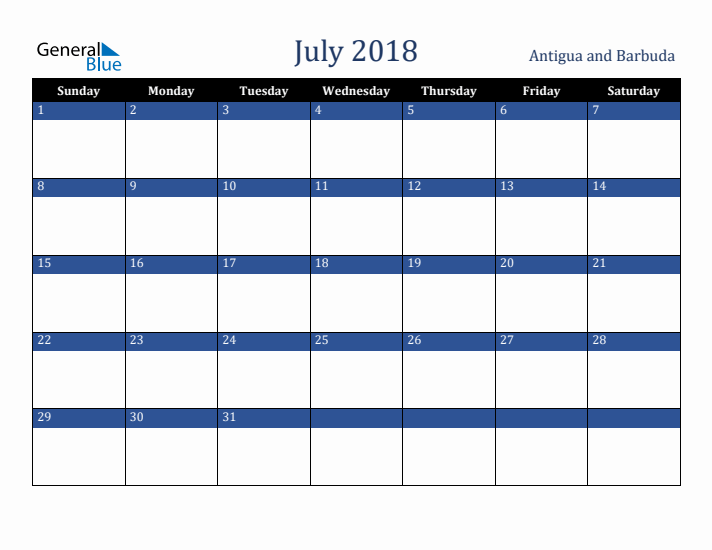 July 2018 Antigua and Barbuda Calendar (Sunday Start)