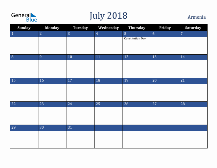 July 2018 Armenia Calendar (Sunday Start)
