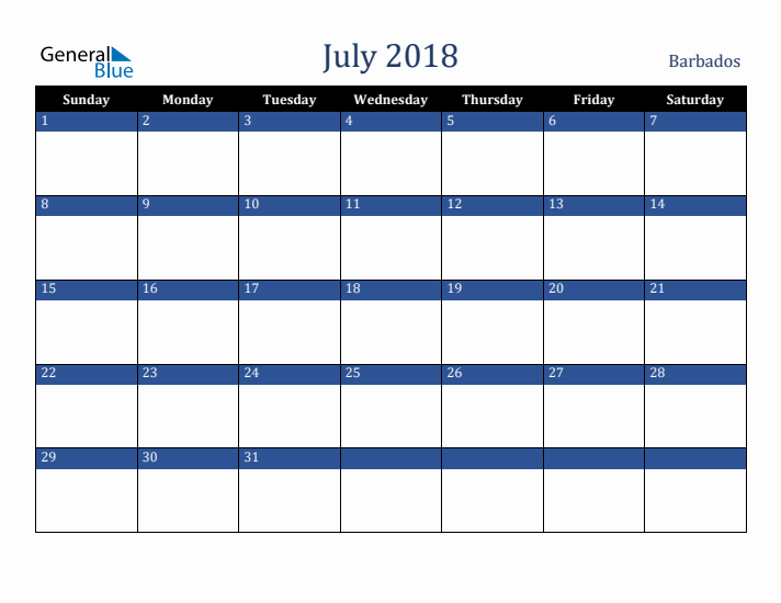 July 2018 Barbados Calendar (Sunday Start)