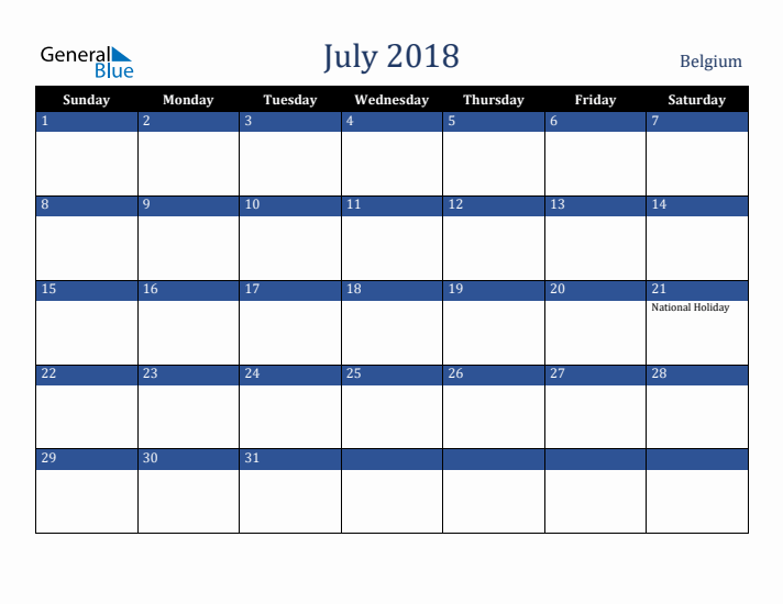 July 2018 Belgium Calendar (Sunday Start)