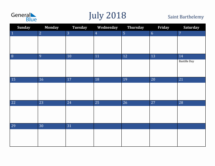 July 2018 Saint Barthelemy Calendar (Sunday Start)