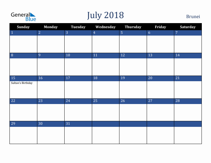 July 2018 Brunei Calendar (Sunday Start)