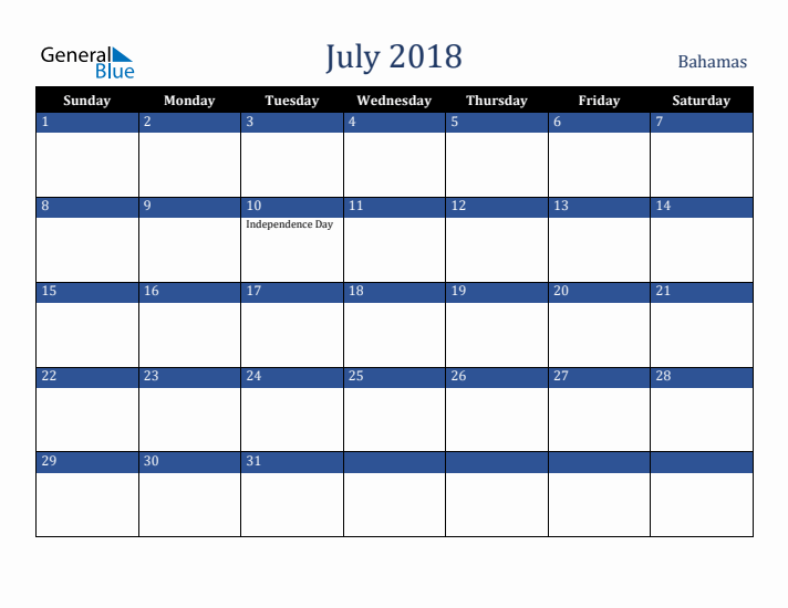 July 2018 Bahamas Calendar (Sunday Start)