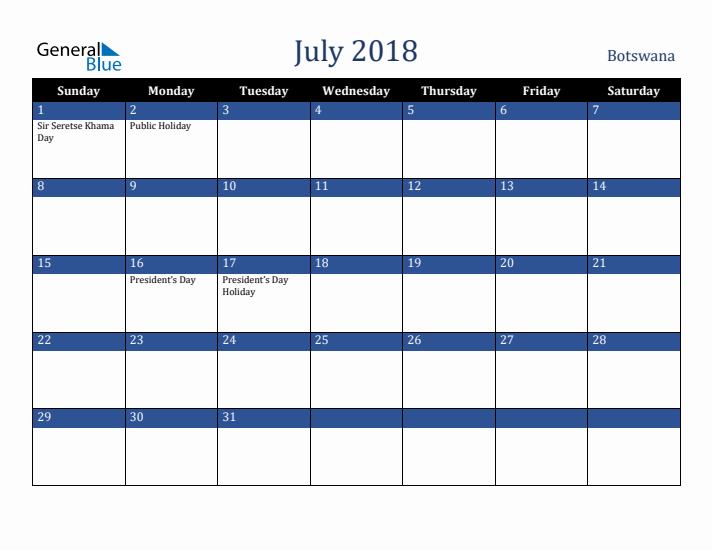 July 2018 Botswana Calendar (Sunday Start)