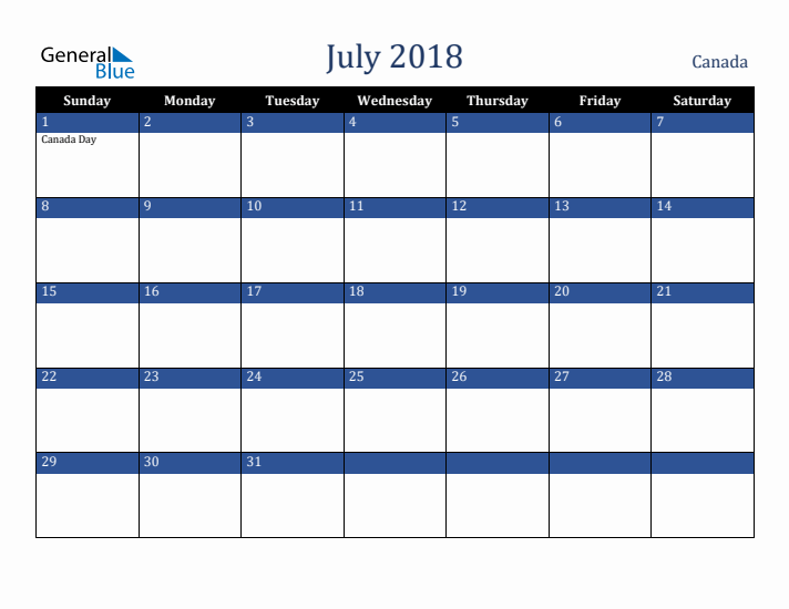 July 2018 Canada Calendar (Sunday Start)