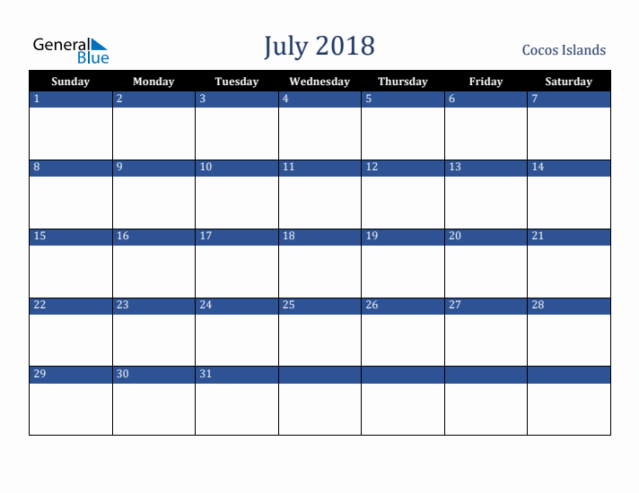 July 2018 Cocos Islands Calendar (Sunday Start)