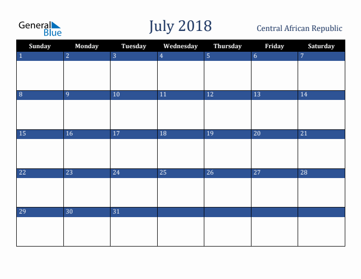 July 2018 Central African Republic Calendar (Sunday Start)