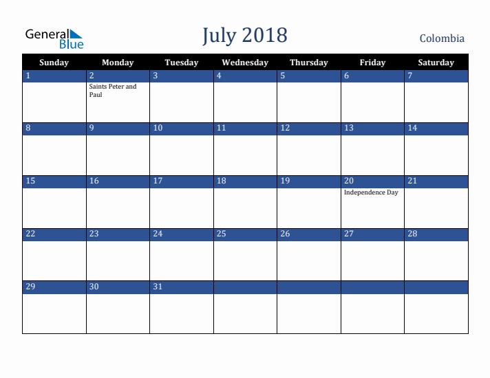 July 2018 Colombia Calendar (Sunday Start)