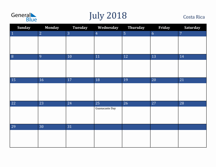 July 2018 Costa Rica Calendar (Sunday Start)