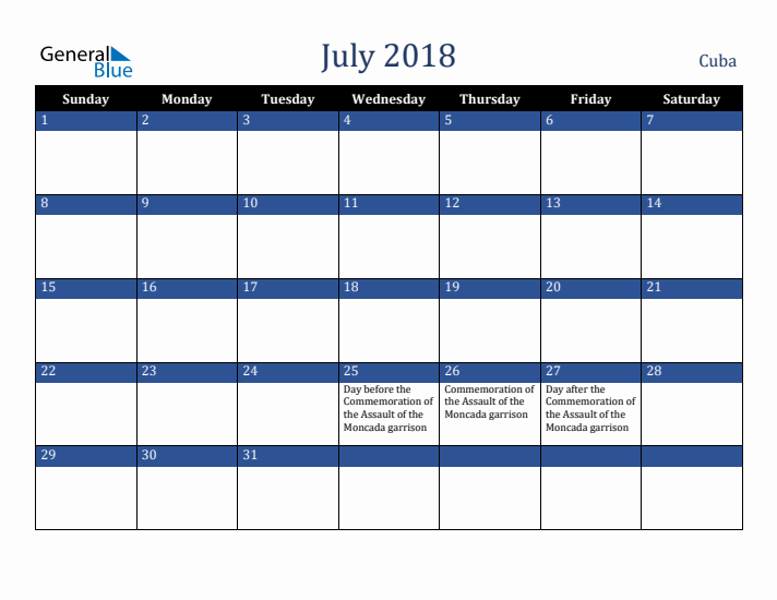 July 2018 Cuba Calendar (Sunday Start)
