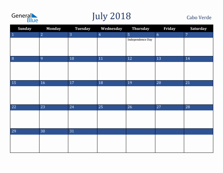 July 2018 Cabo Verde Calendar (Sunday Start)