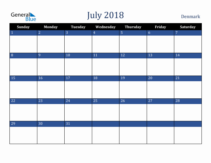 July 2018 Denmark Calendar (Sunday Start)
