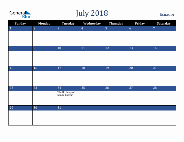 July 2018 Ecuador Calendar (Sunday Start)
