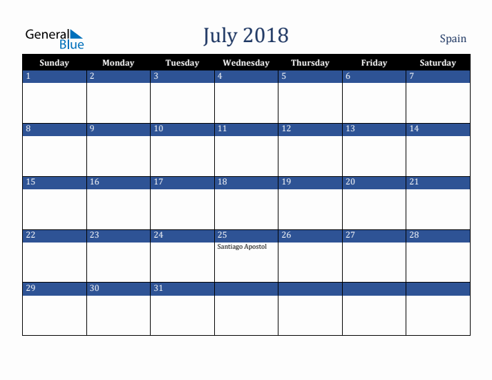 July 2018 Spain Calendar (Sunday Start)