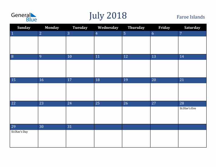 July 2018 Faroe Islands Calendar (Sunday Start)