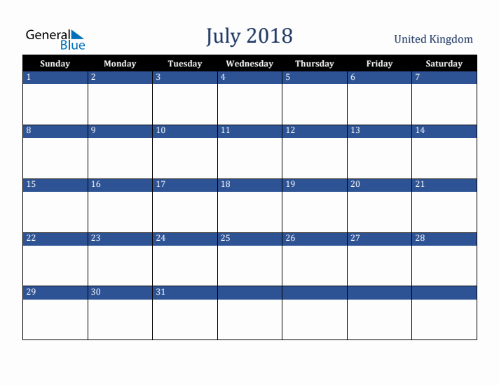July 2018 United Kingdom Calendar (Sunday Start)