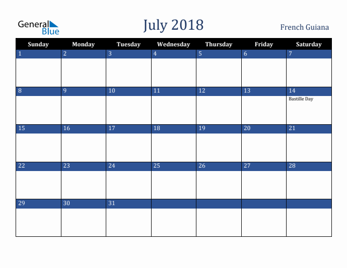 July 2018 French Guiana Calendar (Sunday Start)