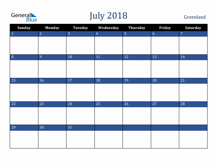July 2018 Greenland Calendar (Sunday Start)