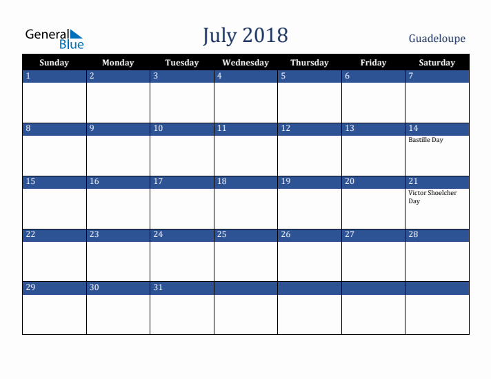July 2018 Guadeloupe Calendar (Sunday Start)