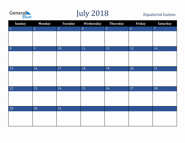 July 2018 Equatorial Guinea Calendar (Sunday Start)