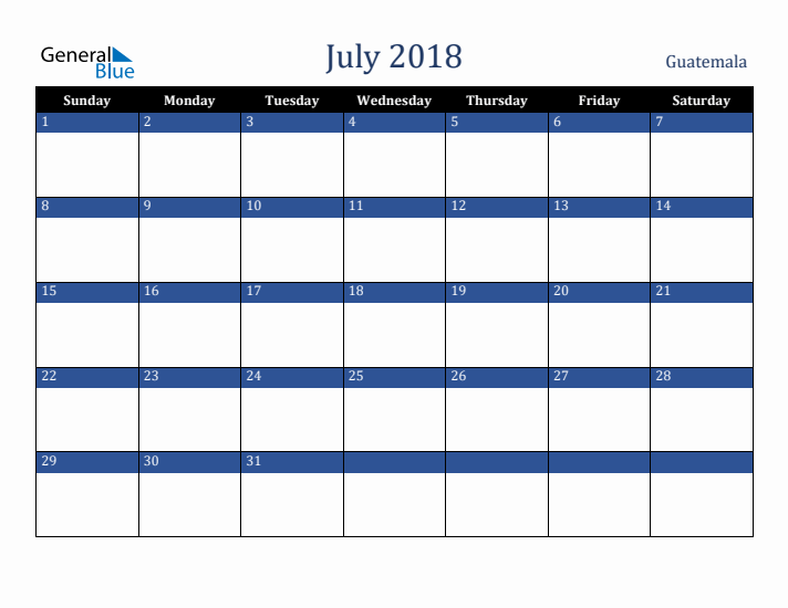 July 2018 Guatemala Calendar (Sunday Start)