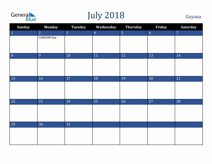 July 2018 Guyana Calendar (Sunday Start)