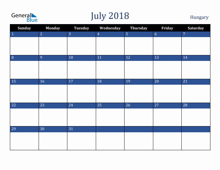 July 2018 Hungary Calendar (Sunday Start)