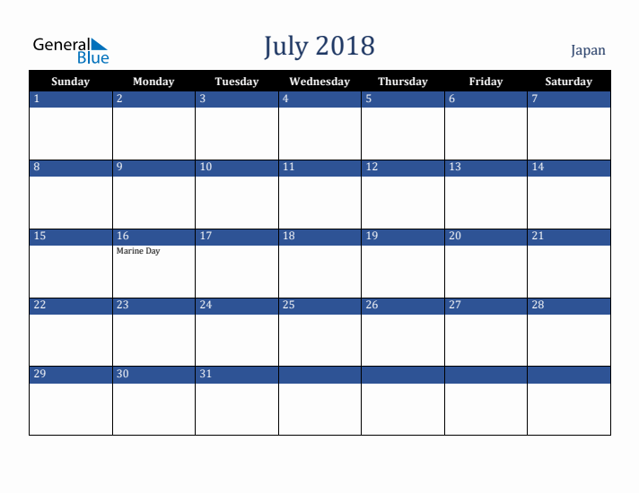 July 2018 Japan Calendar (Sunday Start)