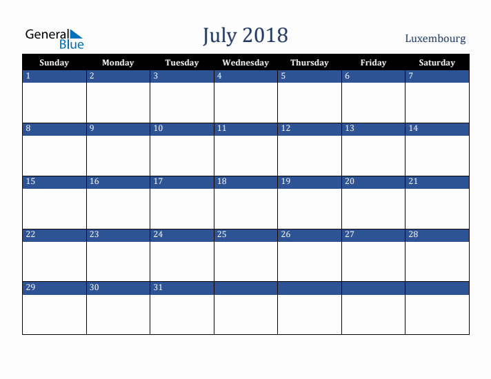 July 2018 Luxembourg Calendar (Sunday Start)