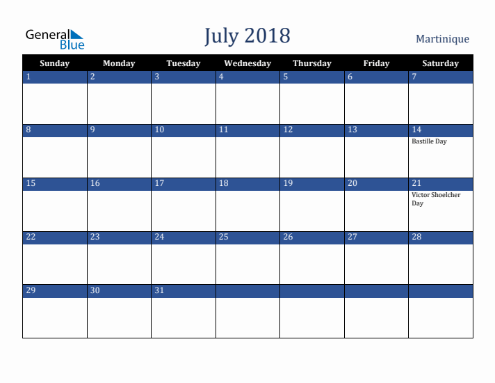 July 2018 Martinique Calendar (Sunday Start)