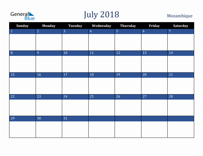 July 2018 Mozambique Calendar (Sunday Start)