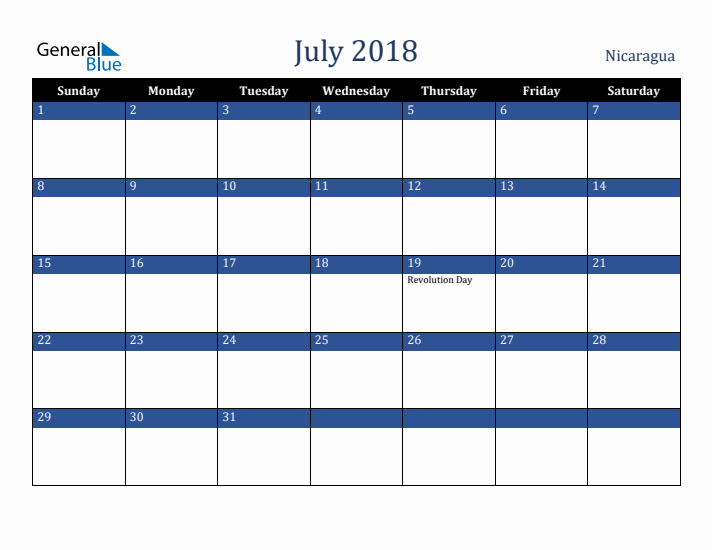 July 2018 Nicaragua Calendar (Sunday Start)