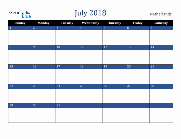 July 2018 The Netherlands Calendar (Sunday Start)