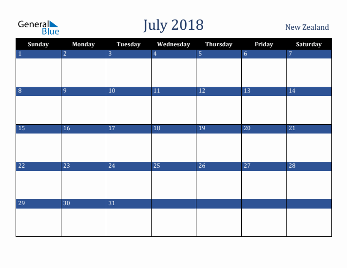 July 2018 New Zealand Calendar (Sunday Start)
