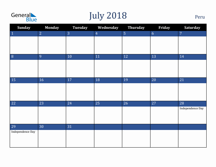 July 2018 Peru Calendar (Sunday Start)