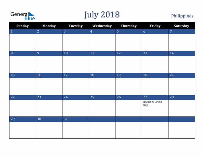 July 2018 Philippines Calendar (Sunday Start)