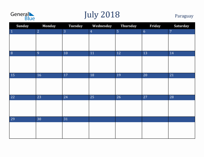 July 2018 Paraguay Calendar (Sunday Start)