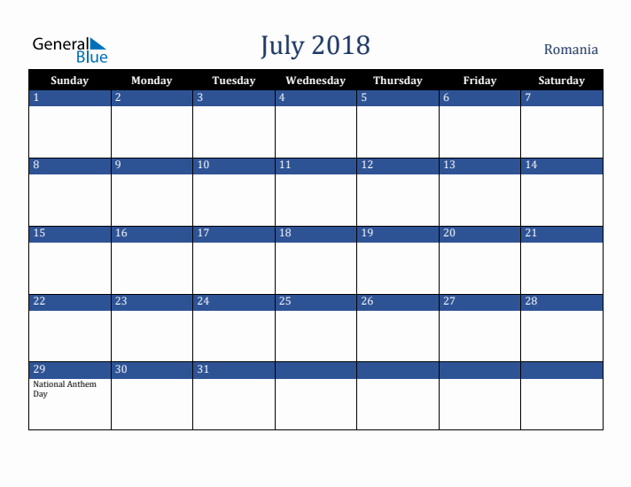 July 2018 Romania Calendar (Sunday Start)