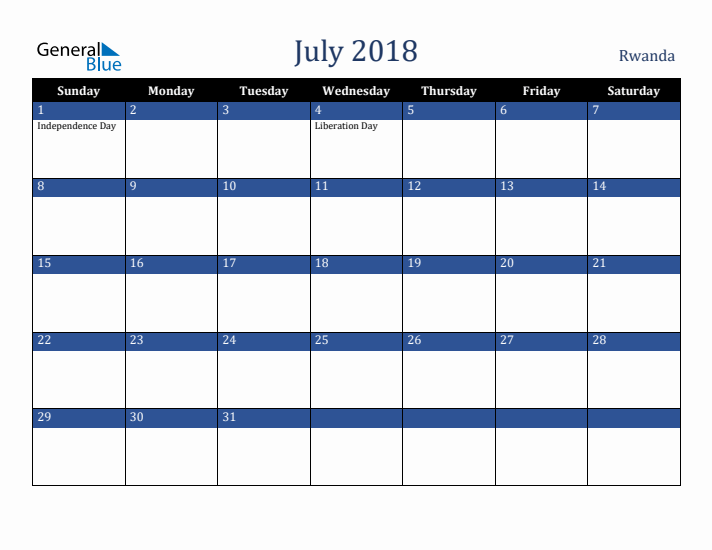 July 2018 Rwanda Calendar (Sunday Start)