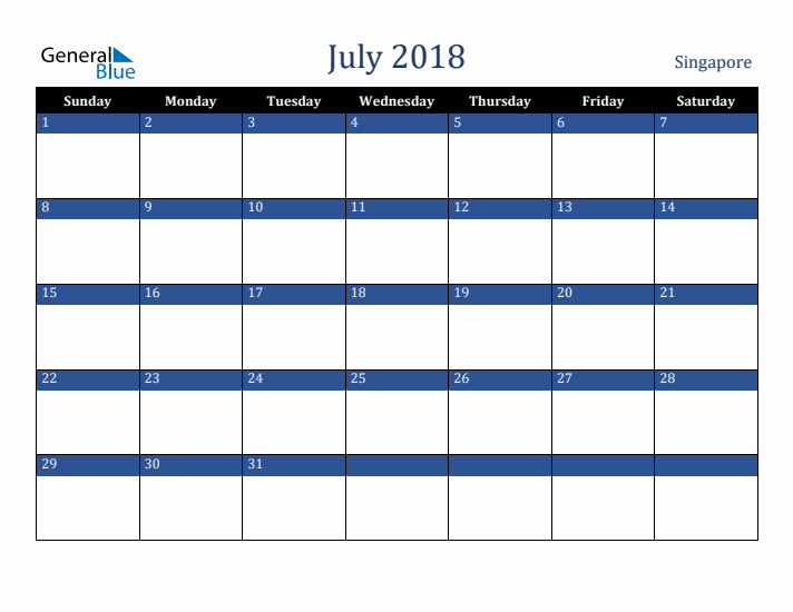 July 2018 Singapore Calendar (Sunday Start)