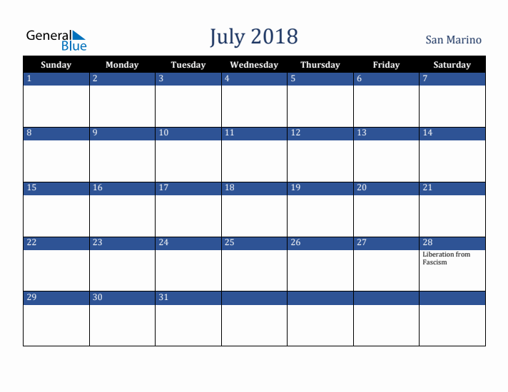 July 2018 San Marino Calendar (Sunday Start)