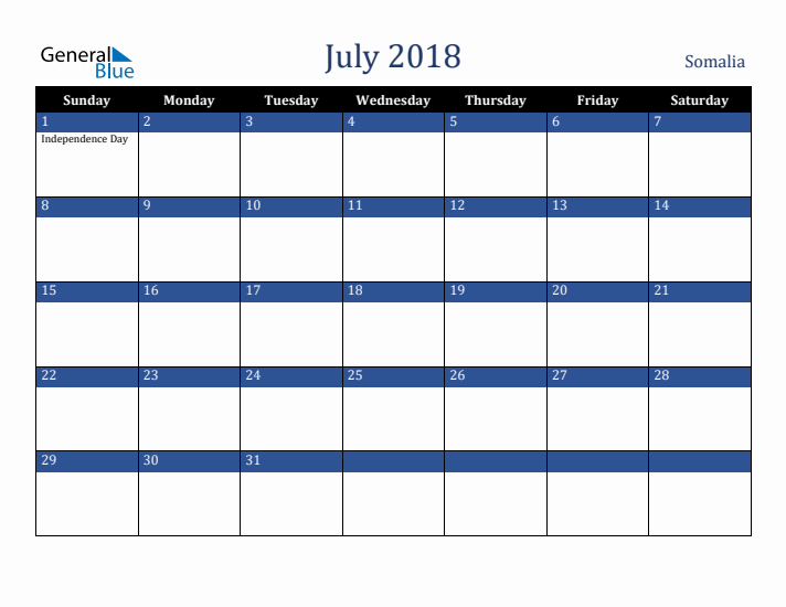 July 2018 Somalia Calendar (Sunday Start)