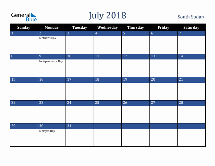 July 2018 South Sudan Calendar (Sunday Start)