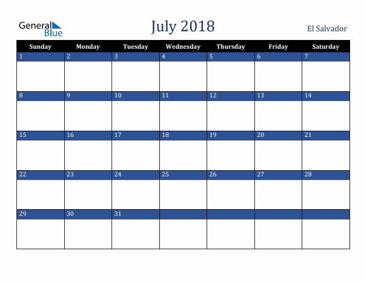 July 2018 El Salvador Calendar (Sunday Start)