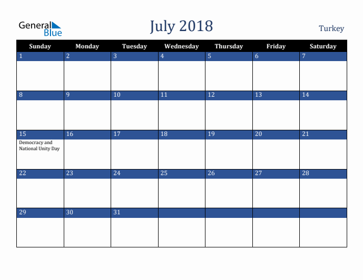 July 2018 Turkey Calendar (Sunday Start)