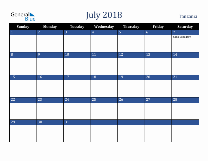 July 2018 Tanzania Calendar (Sunday Start)