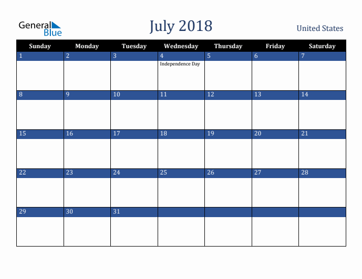 July 2018 United States Calendar (Sunday Start)