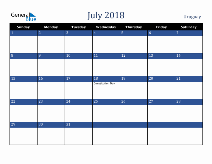 July 2018 Uruguay Calendar (Sunday Start)