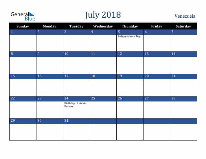 July 2018 Venezuela Calendar (Sunday Start)