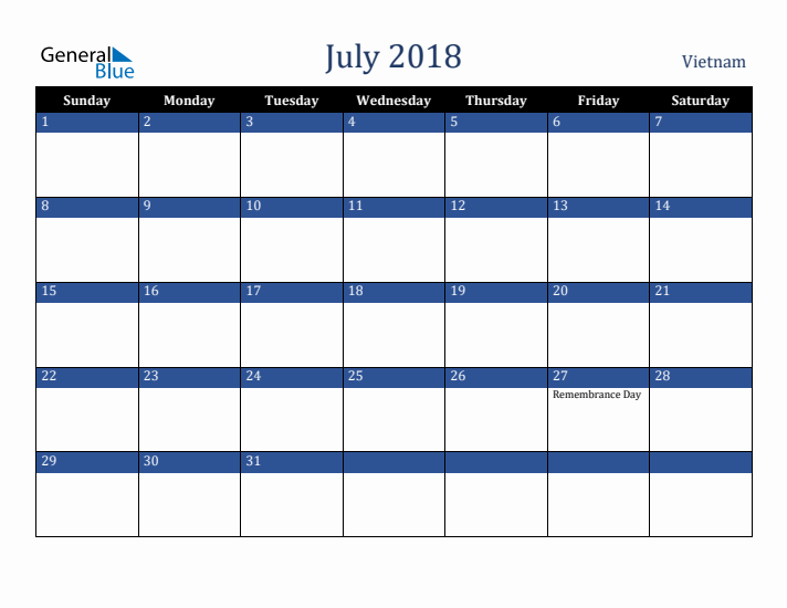 July 2018 Vietnam Calendar (Sunday Start)